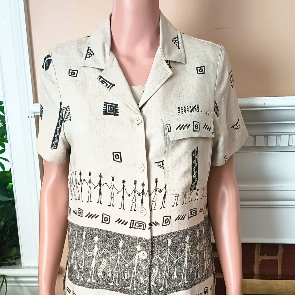 Women's Vintage Dress & Jacket M Tan & Black Sleeveless Midi Side Slits